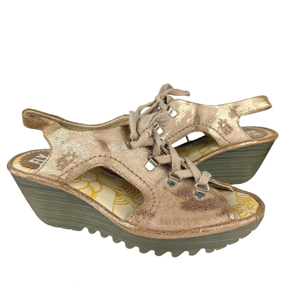 Fly London Women's 39 Metallic‎ Rose Gold Lace Wedge Sandals Leather EU 39